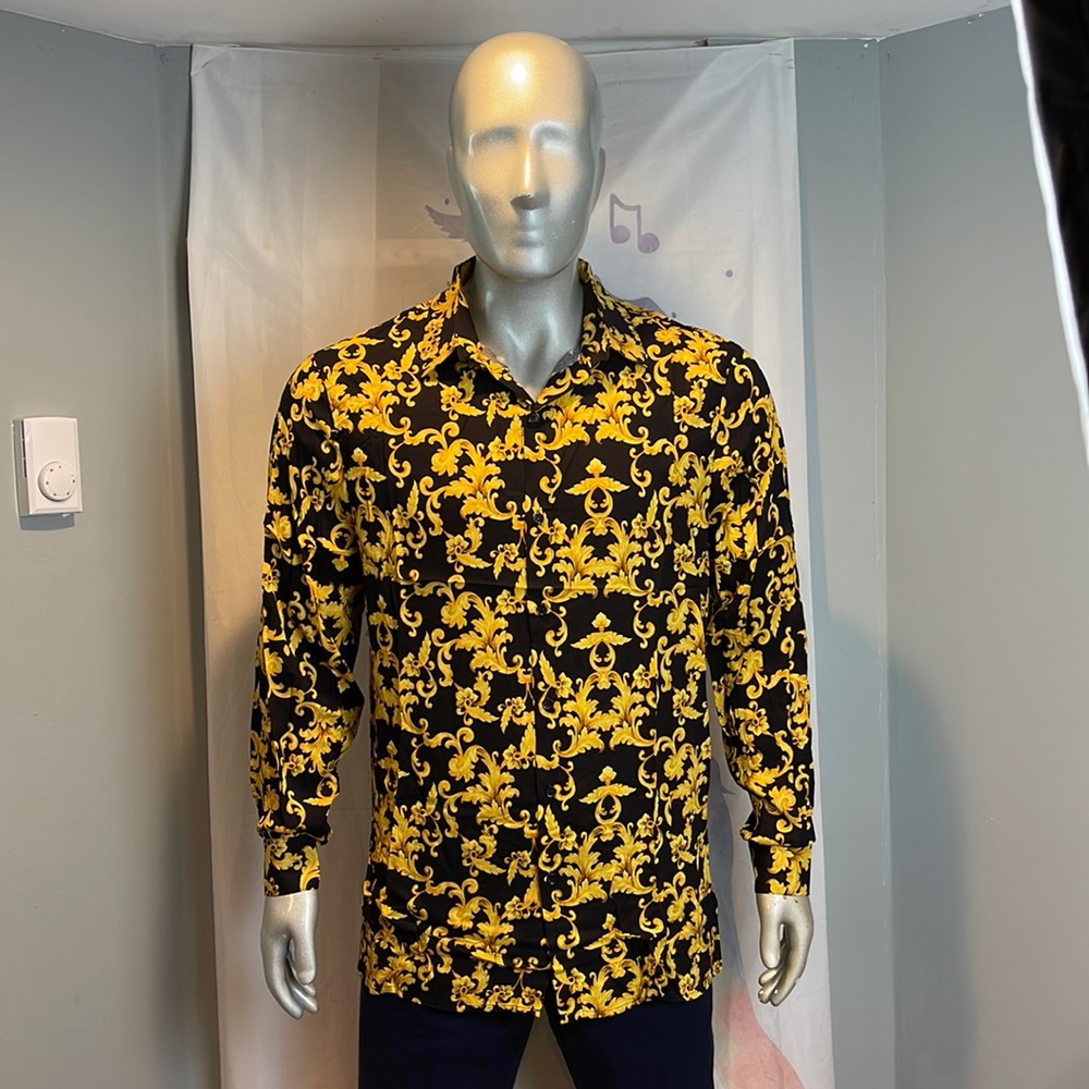 NovaMen Gold Leaf Long Sleeve Woven Shirt Black Yellow Size L